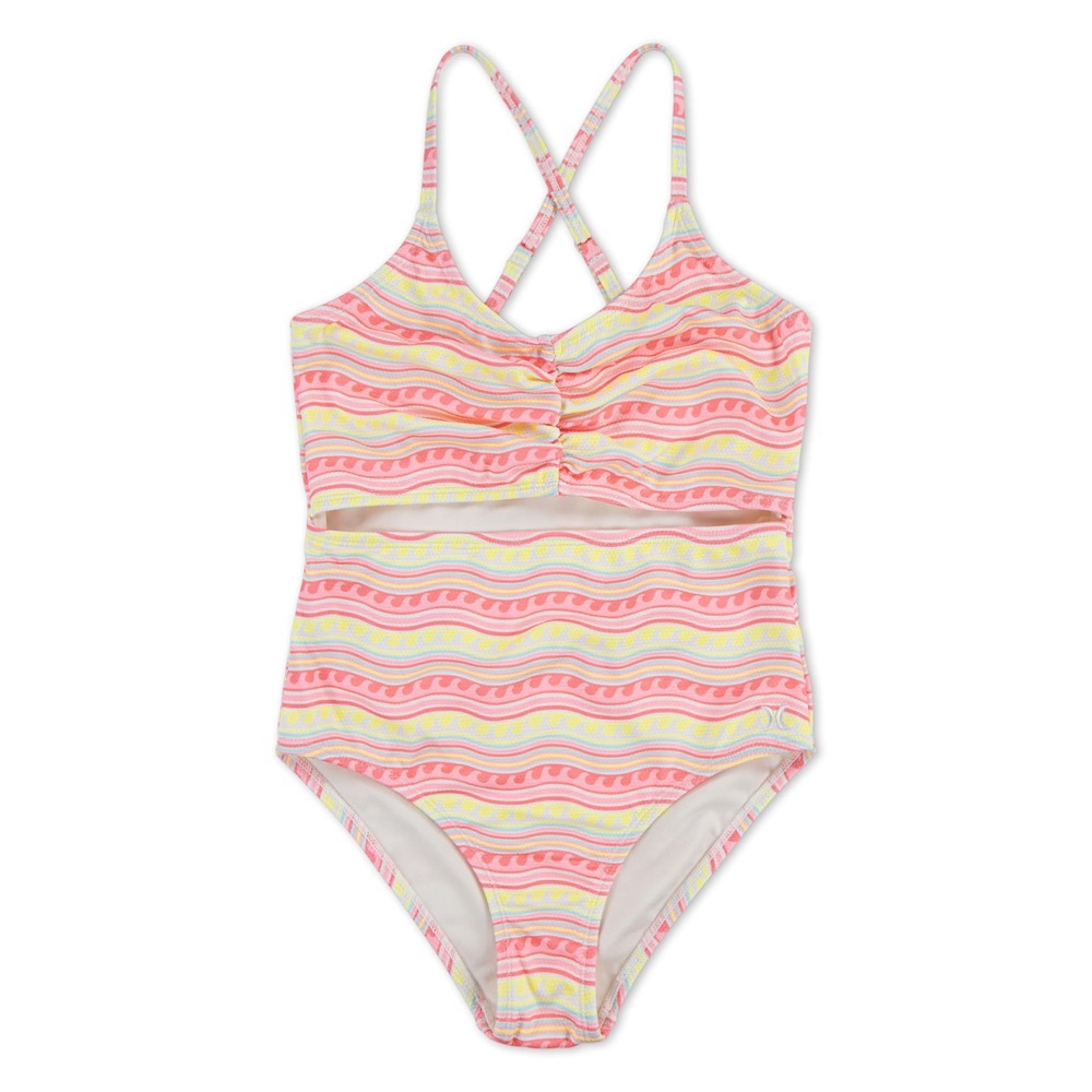NWT Hurley Girls Pink Flamingo Wavy Stripe Cut Out One Piece Swimsuit Size 14